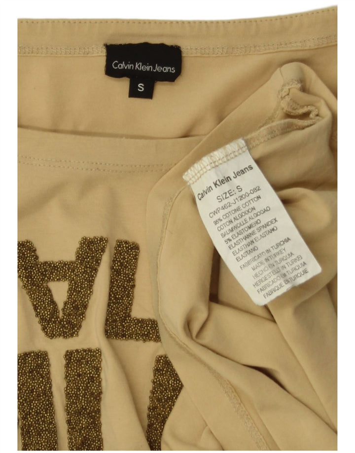 CALVIN KLEIN JEANS Dame Grafisk Top Langærmet UK 8 Lille Beige Bomuld