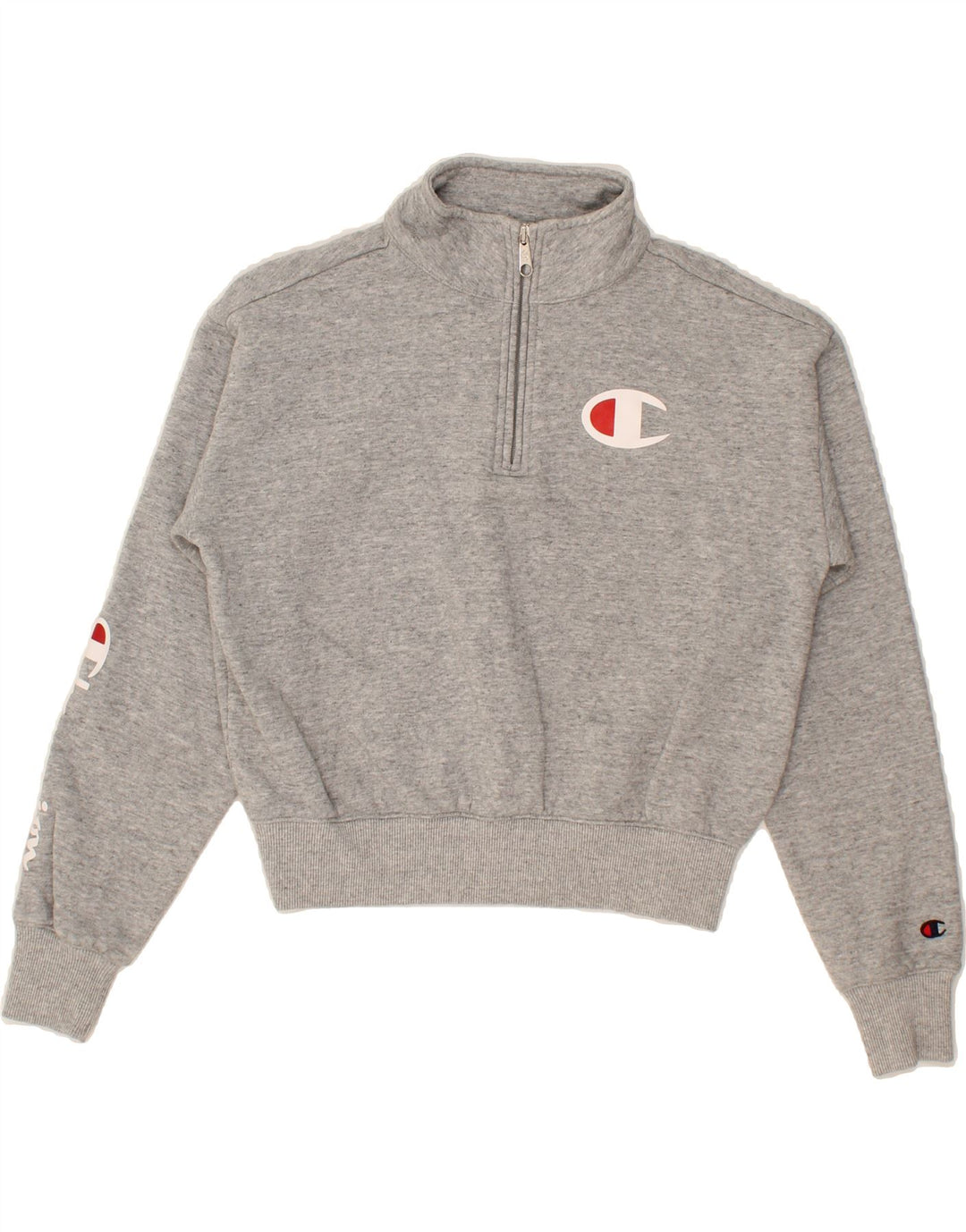 CHAMPION Womens Oversized Crop Zip Neck Sweatshirt Jumper UK 10 Small Grey Vintage Champion and Second-Hand Champion from Messina Hembry 