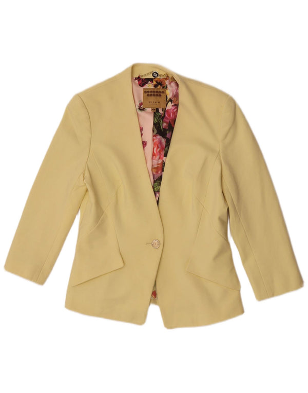 Ted Baker dame 3/4 ærme 1 knap blazerjakke størrelse 3 Medium gul
