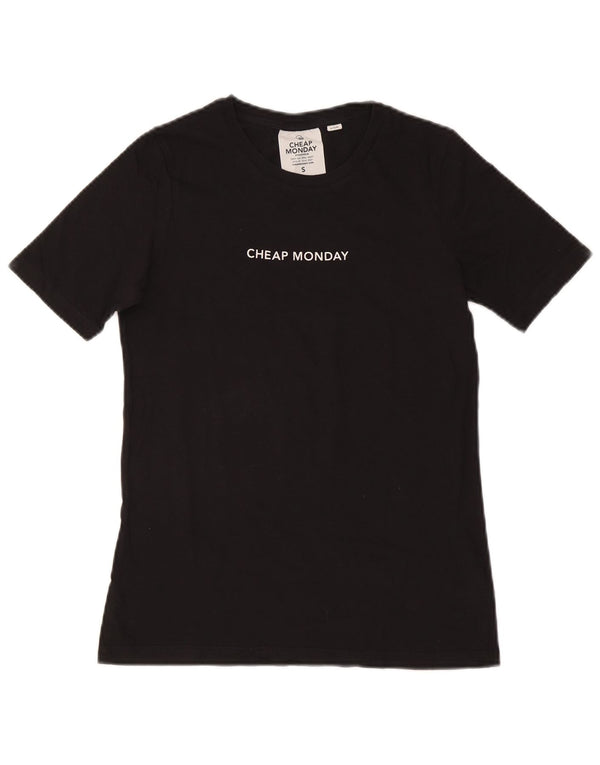 BILLIG MANDAY Dame T-Shirt Top UK 10 Lille Sort Bomuld