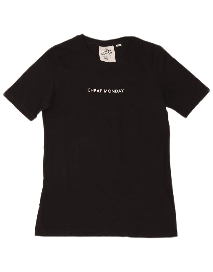 BILLIG MANDAY Dame T-Shirt Top UK 10 Lille Sort Bomuld