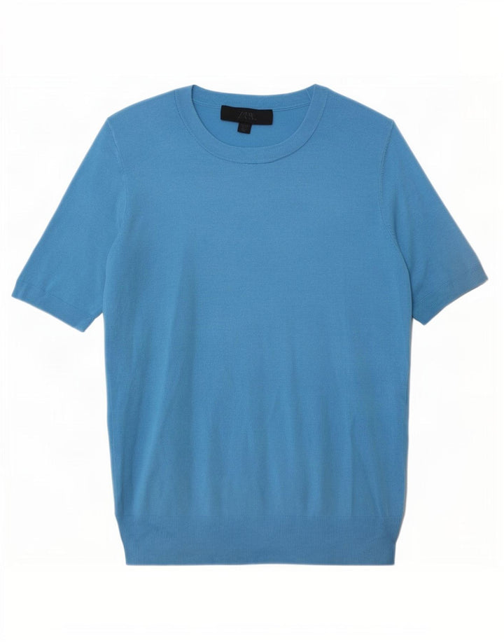 Zara Dame T-Shirt Top UK 12 Medium Blue Viscose