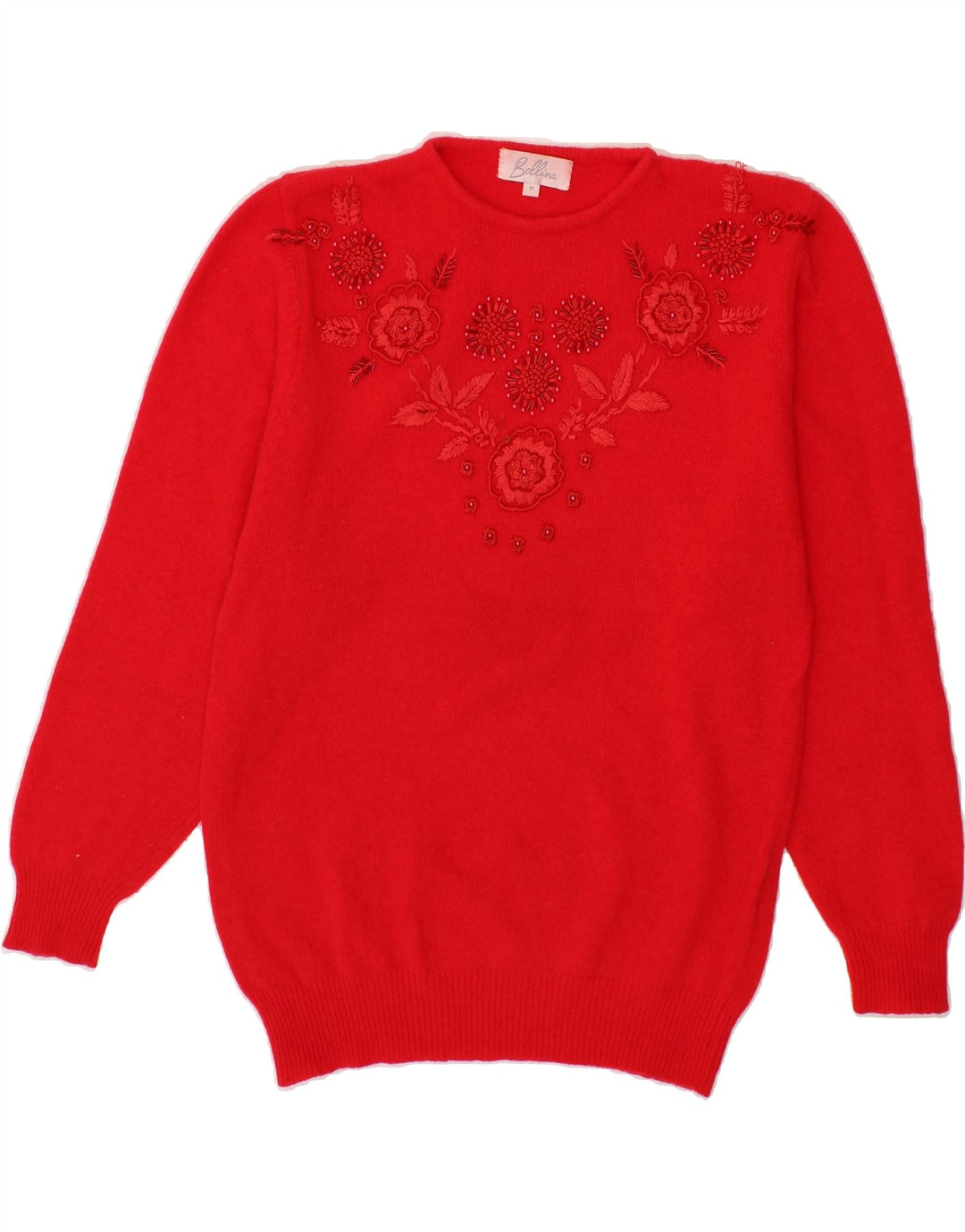 BELLINA Womens Crew Neck Jumper Sweater UK 14 Medium Red Floral Vintage Bellina and Second-Hand Bellina from Messina Hembry 