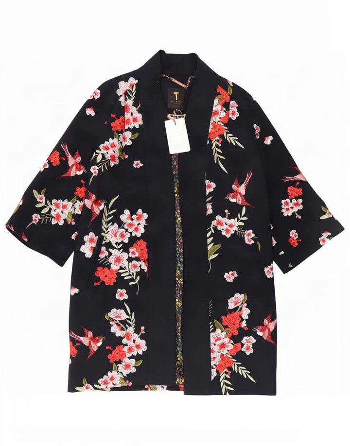 Ted Baker Dame Oversized 3/4-ærmet overfrakke UK 10 Small Navy Blue Floral