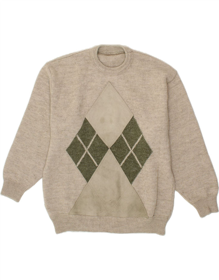 VINTAGE Mens Crew Neck Jumper Sweater Large Beige Argyle/Diamond Wool Vintage Vintage and Second-Hand Vintage from Messina Hembry 