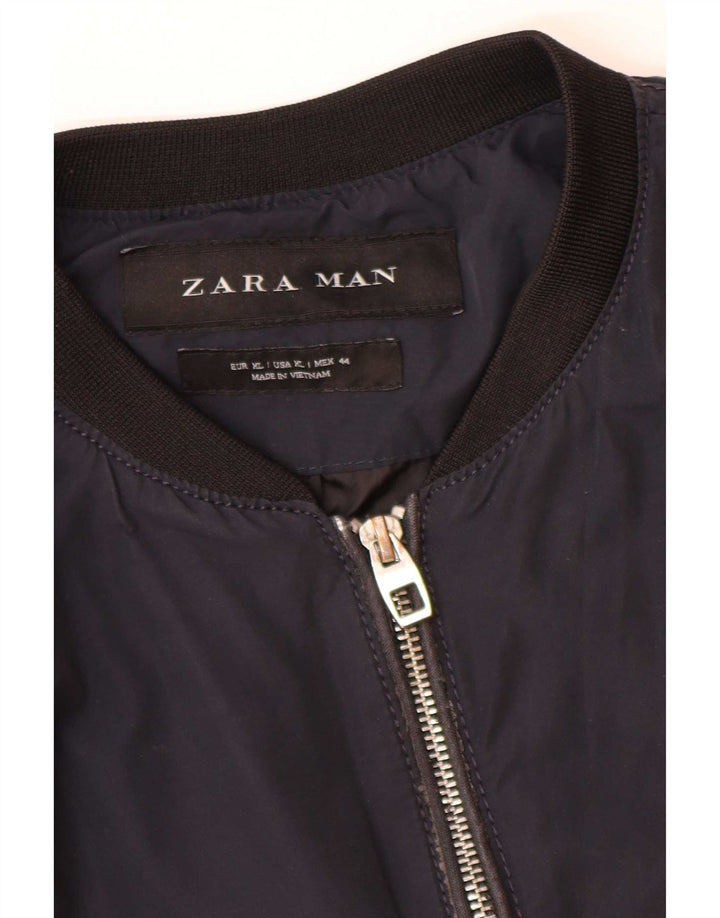 Zara Herre Bomber Jacket UK 42 XL Navy Blue Colourblock Bomuld