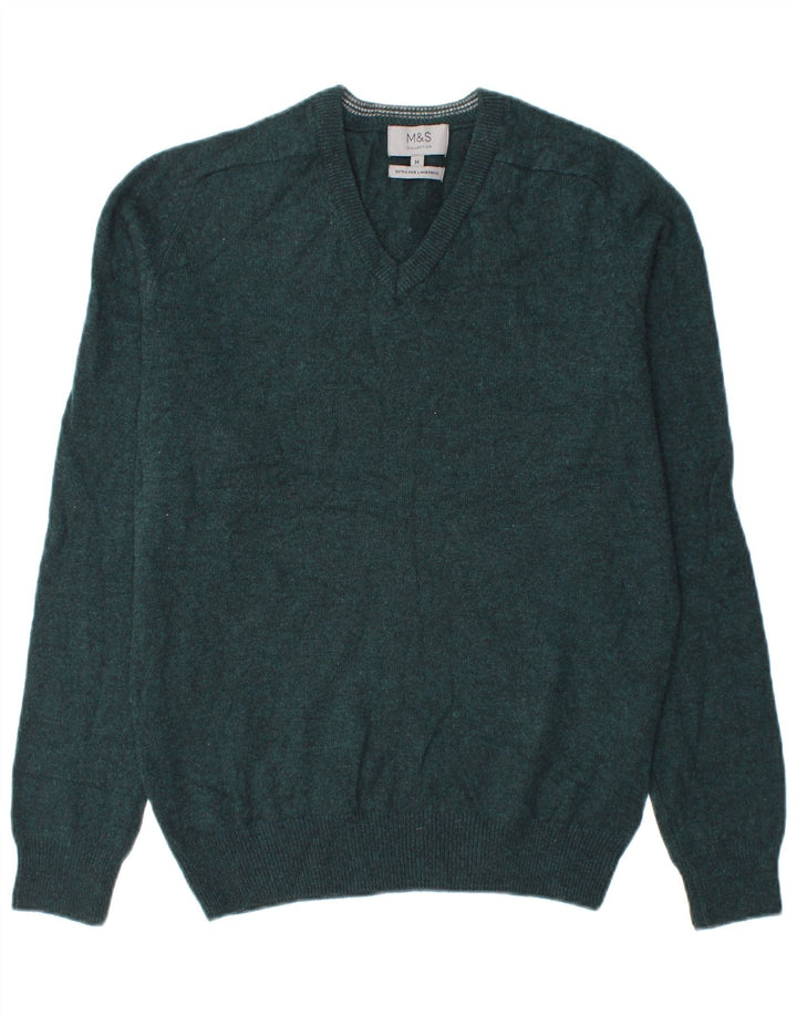 MARKS & SPENCER Herre V-hals sweater Medium Grøn lammeuld