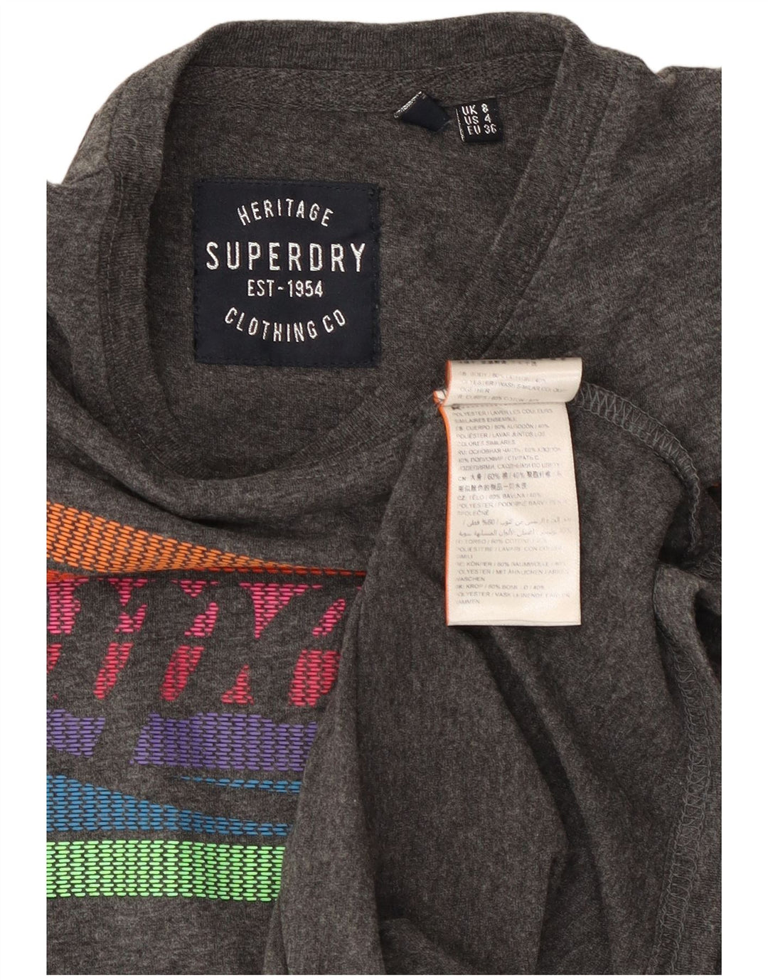 SUPERDRY Womens Heritage Grafisk T-Shirt Top UK 8 Small Grey Bomuld