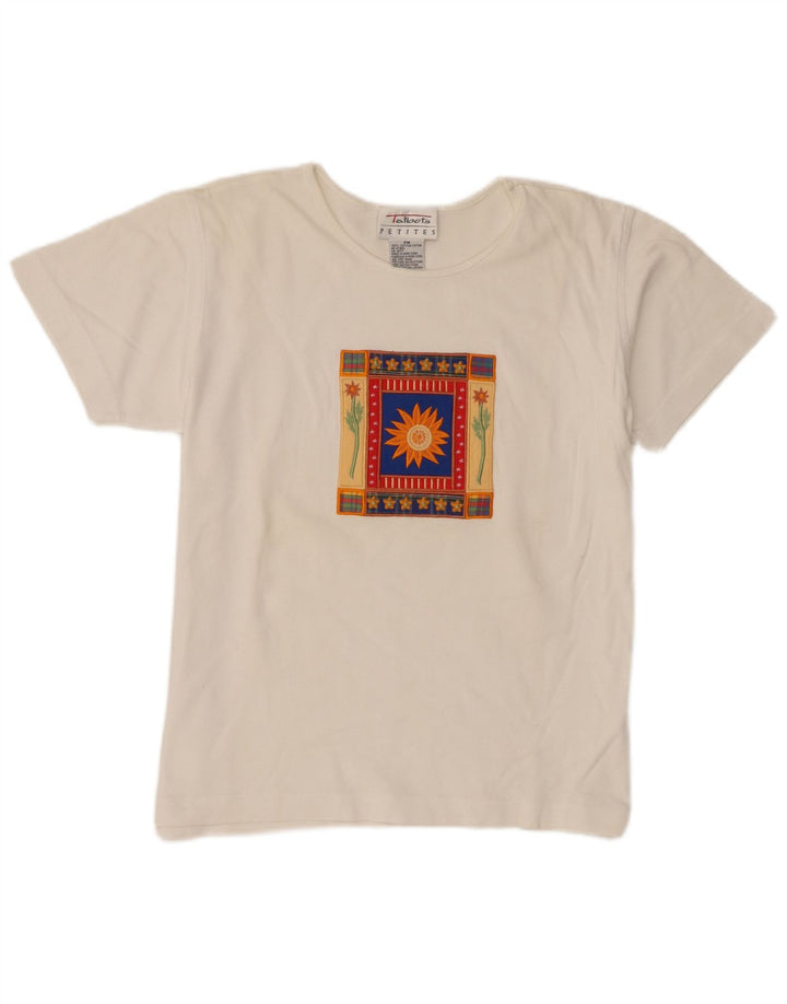 Talbots Dame Petites Grafisk T-Shirt Top UK 14 Medium Hvid Bomuld