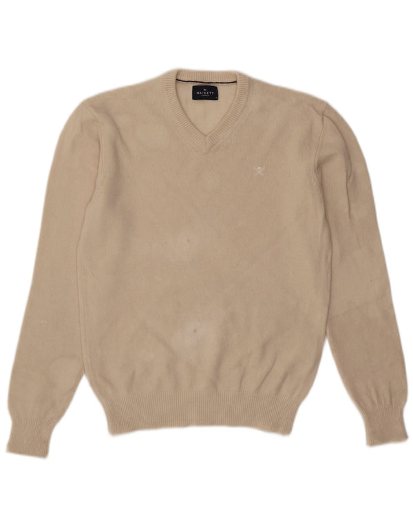 Hackett Mens V-Neck Jumper Sweater Medium Beige Wool