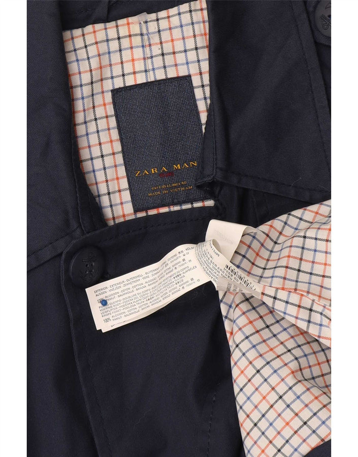 Zara Herre Trench Coat UK 40 Large Navy Blue Cotton