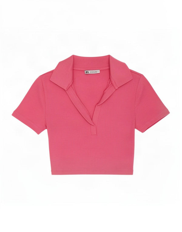 Zara Womens Crop Polo Shirt UK 8 Small Pink Bomuld