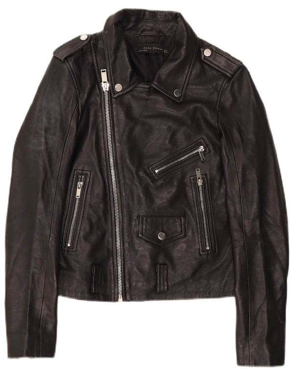 Zara Læder Biker Jacket UK 12 Medium Sort