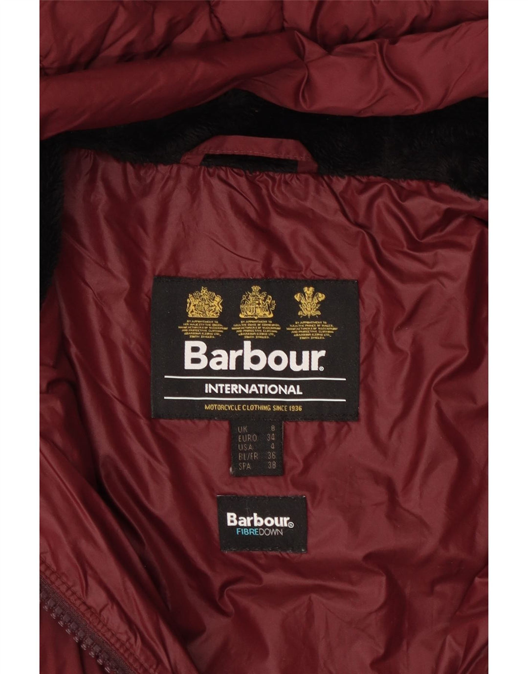 Barbour Dame Hætte Polstret Frakke UK 8 Small Burgundy