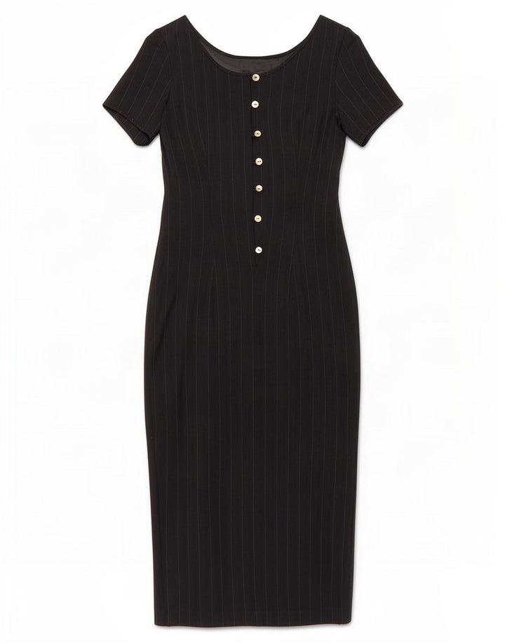 Vintage Dame Maxi Kjole IT 42 Medium Navy Blue Nålestribet Uld