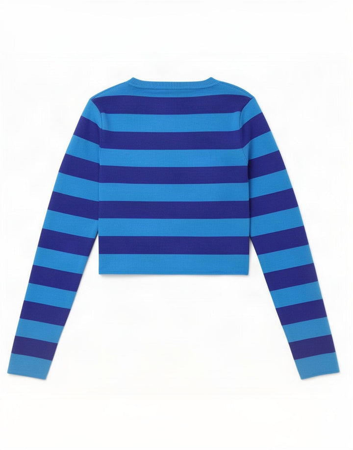 Zara Dame Crop Top Langærmet UK 10 Lille Blå Stribet Viscose