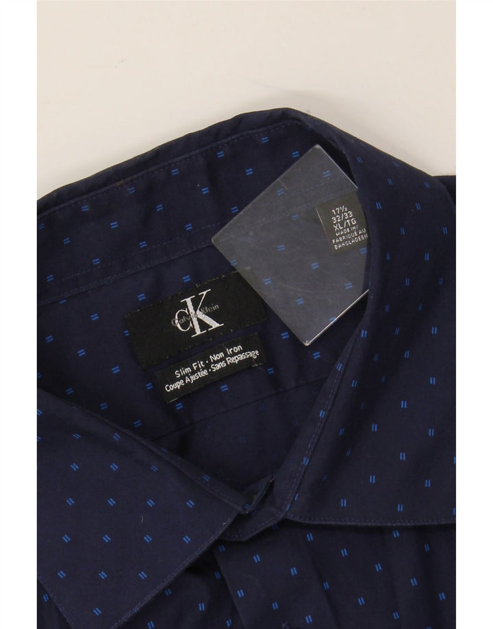 CALVIN KLEIN Herre Slim Fit skjorte str. 17 1/2 XL Marineblå plettet bomuld