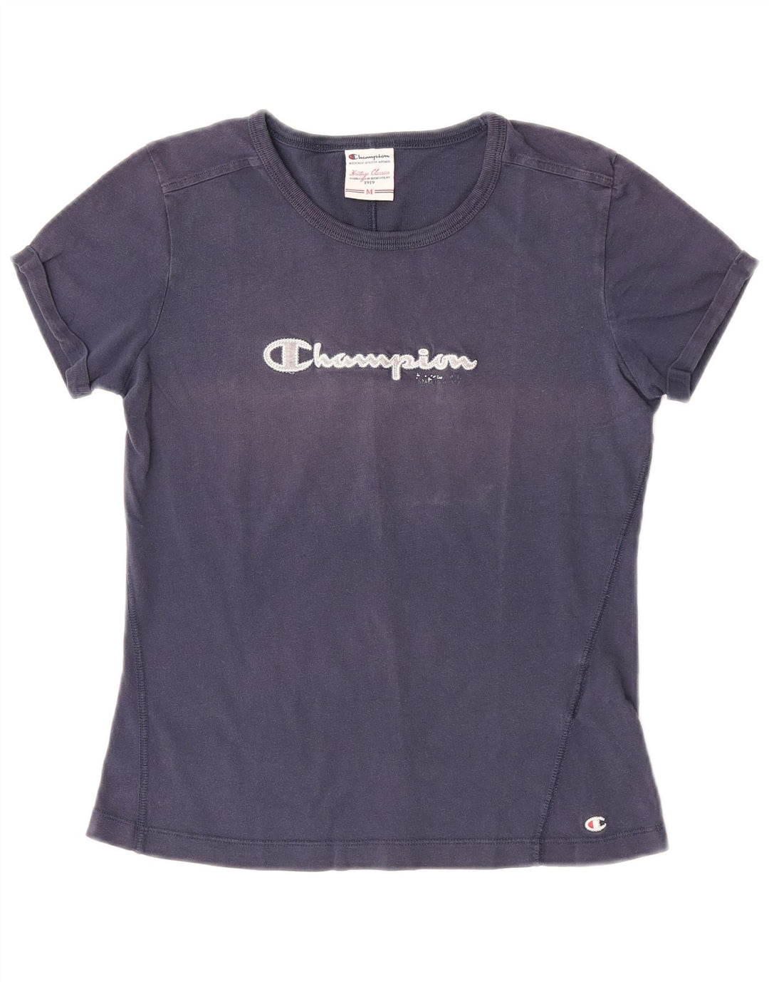 Champion Dame Grafisk T-Shirt Top UK 12 Medium Navy Blue