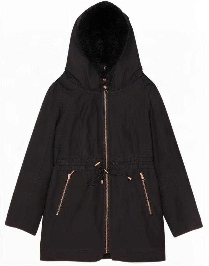 Ted Baker Dame Hætte Oversized Parka Jakke Størrelse 2 Lille Sort Polyester