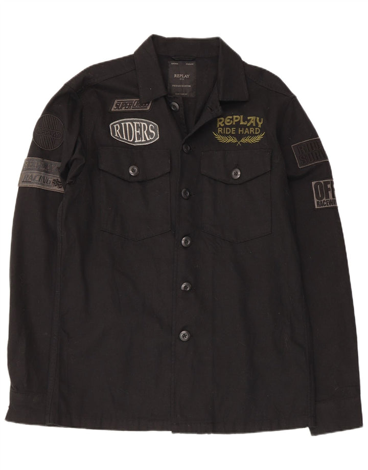 Replay Herre grafisk skjorte medium sort bomuld