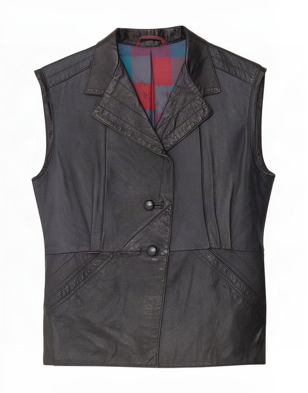 Vintage Dame Læder Gilet UK 14 Medium Sort