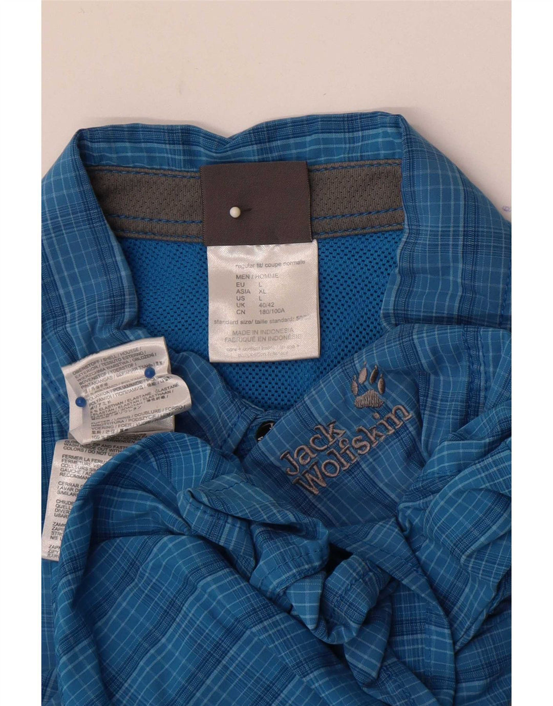 Jack Wolfskin Herre kortærmet skjorte UK 40/42 Stor blå ternet polyamid
