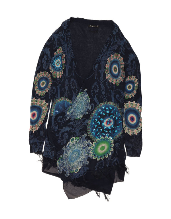 Desigual Womens Longline Open Cardigan Sweater UK 18 XL Navy Blue Paisley