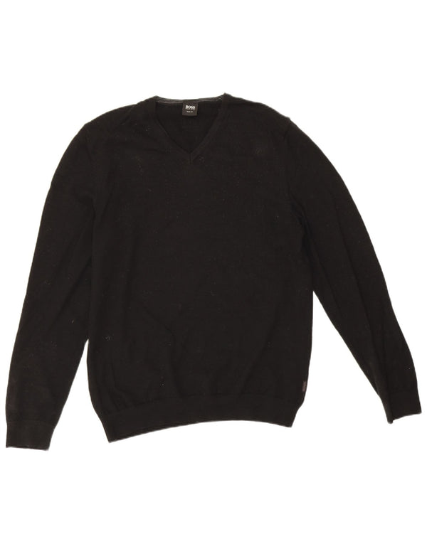 Hugo Boss Mens Slim Fit V-Neck Jumper Sweater Large Black Virgin Wool