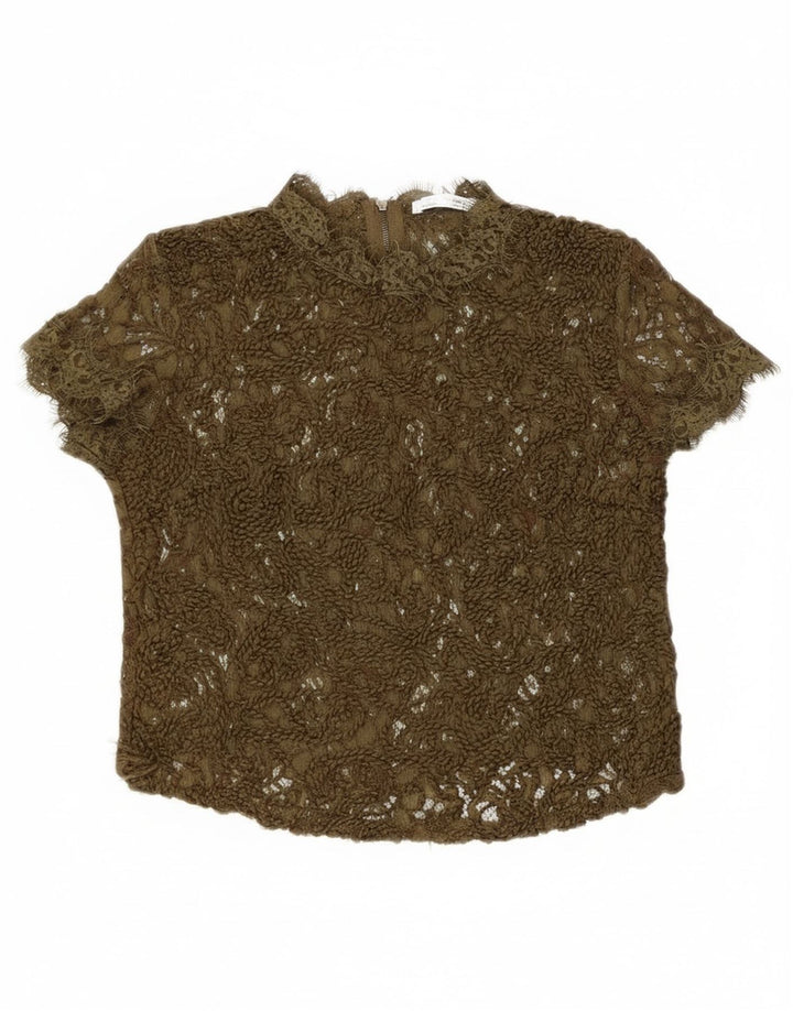 Zara Dame Blonde Gennemsigtig Bluse Top UK 8 Small Khaki