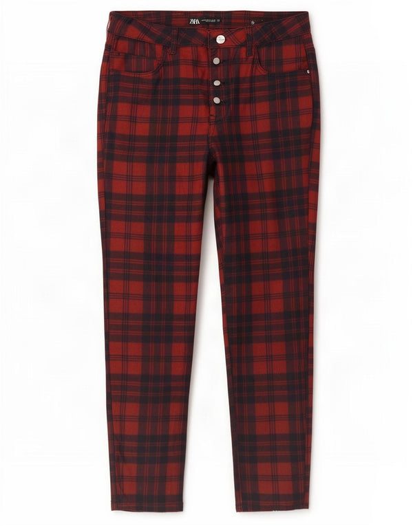 Zara Dame Slim Casual Bukser EU 42 Large W32 L27 Rød Plaid Bomuld