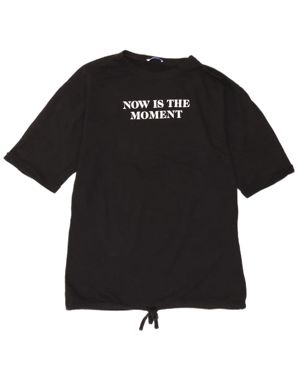 Zara Dame Grafisk T-Shirt Top UK 16 Stor Sort Bomuld