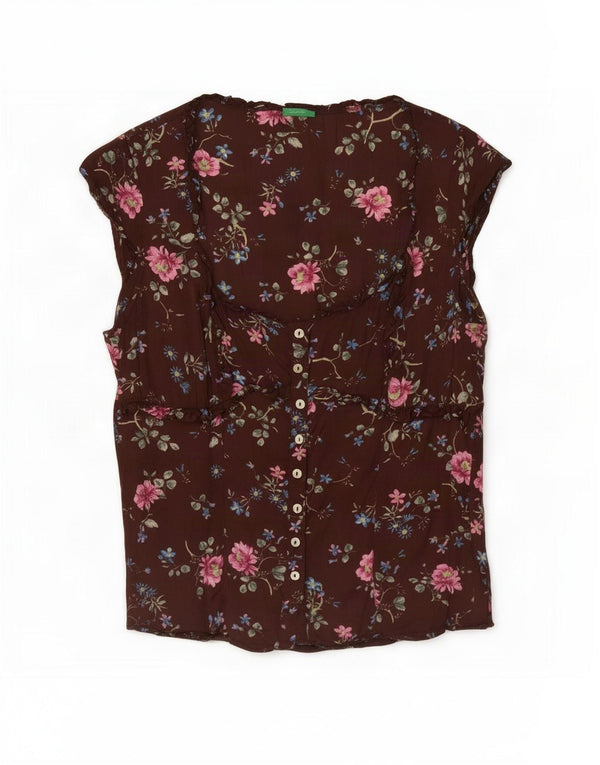 Benetton Womens Sleeveless Blouse Top UK 10 Small Brown Floral Viscose
