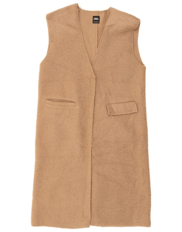 Zara Womens Longline Open Gilet UK 14 Medium Beige Polyester