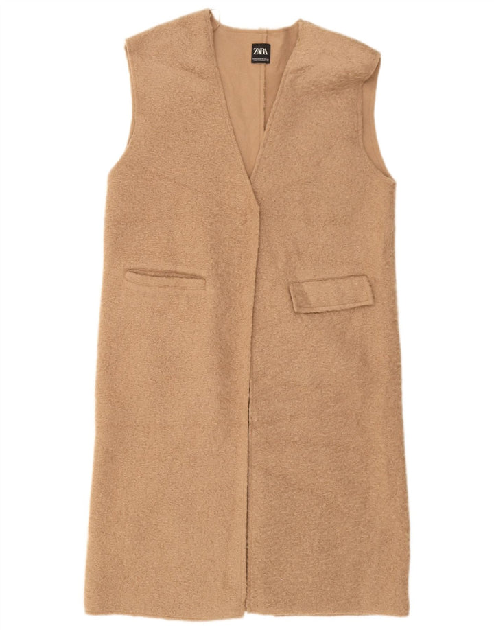 Zara Womens Longline Open Gilet UK 14 Medium Beige Polyester