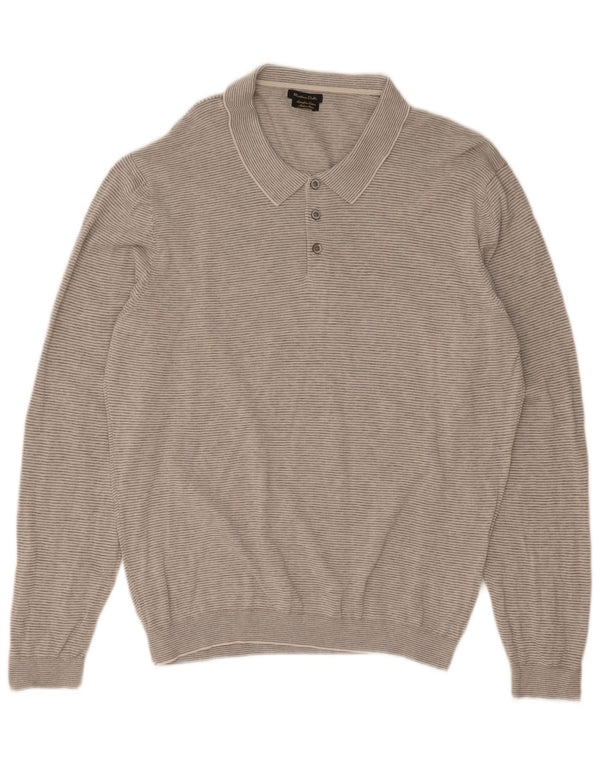 Massimo Dutti Herre Polo Neck Jumper Sweater 2XL Grå Nålestribet Bomuld