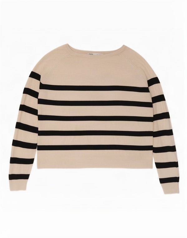Zara Womens Crop Boat Neck Jumper Sweater UK 14 Medium Off White Stribet