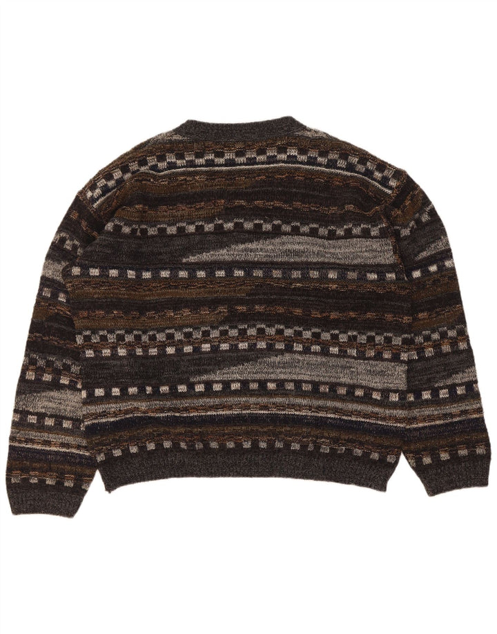 Vintage herre V-hals sweater stor grå geometrisk uld