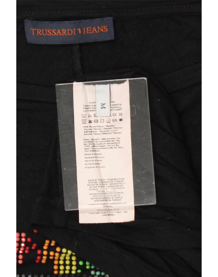 TRUSSARDI JEANS Womens Oversized Graphic T-Shirt Top UK 14 Medium Black Vintage Trussardi Jeans and Second-Hand Trussardi Jeans from Messina Hembry 