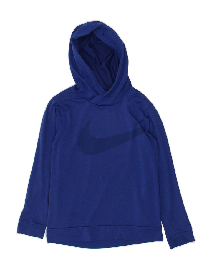 NIKE Boys Dri Fit Graphic Hoodie Jumper 10-11 Years Medium Blue Polyester Vintage Nike and Second-Hand Nike from Messina Hembry 
