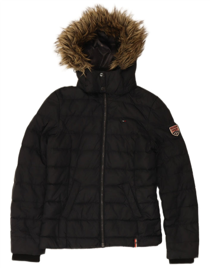 TOMMY HILFIGER Womens Hooded Padded Jacket UK 10 Small Black Polyester