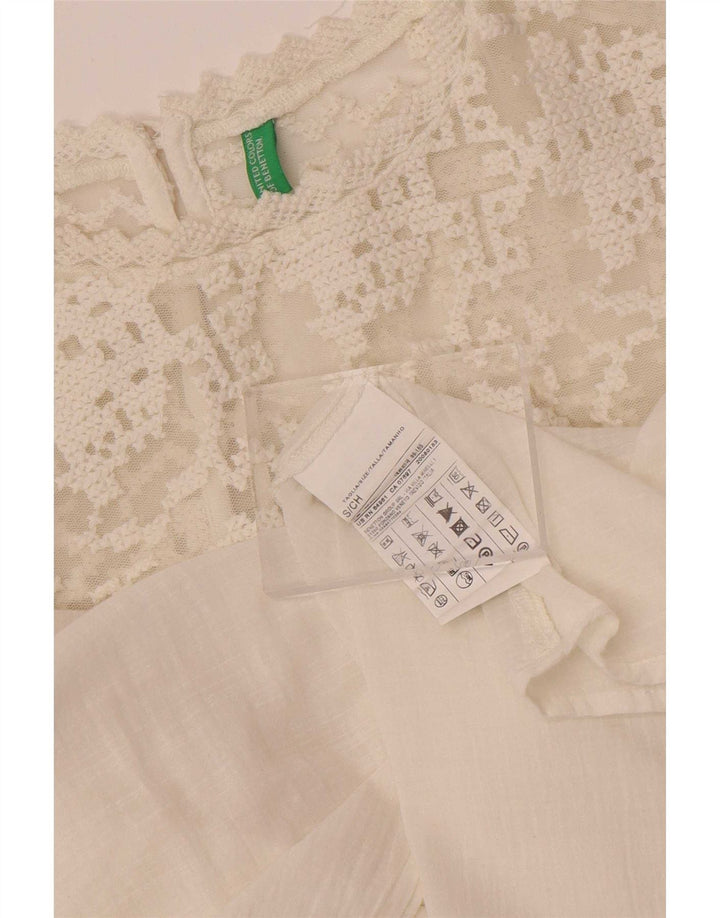Benetton Dame Langærmet Bluse Top UK 10 Small White Bomuld