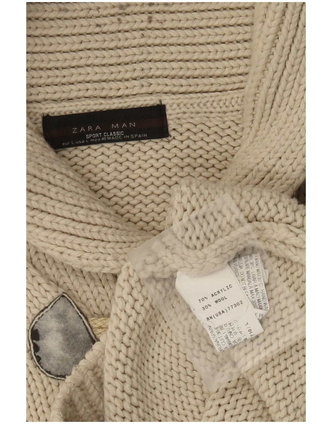 Zara Herre Shawl Neck Jumper Sweater Stor Beige Akryl