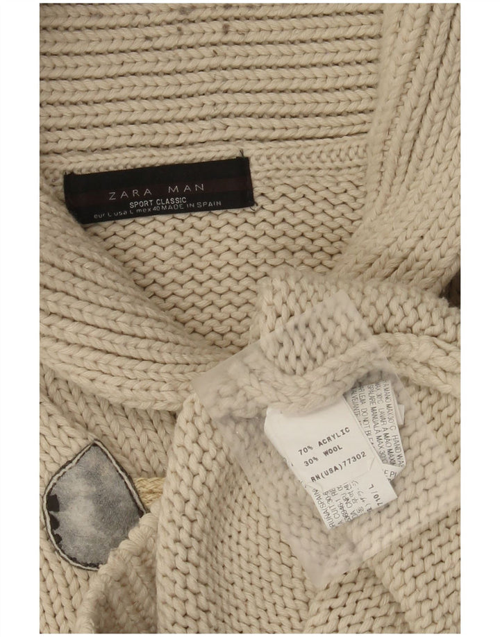 Zara Herre Shawl Neck Jumper Sweater Stor Beige Akryl