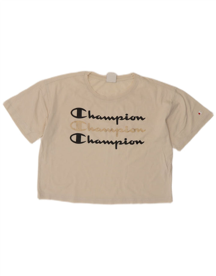 CHAMPION Dame Oversized Crop Grafisk T-Shirt Top UK 10 Small Off White