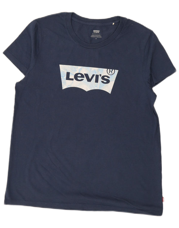 LEVI'S Grafisk T-shirt top til kvinder UK 16 Stor marineblå bomuld