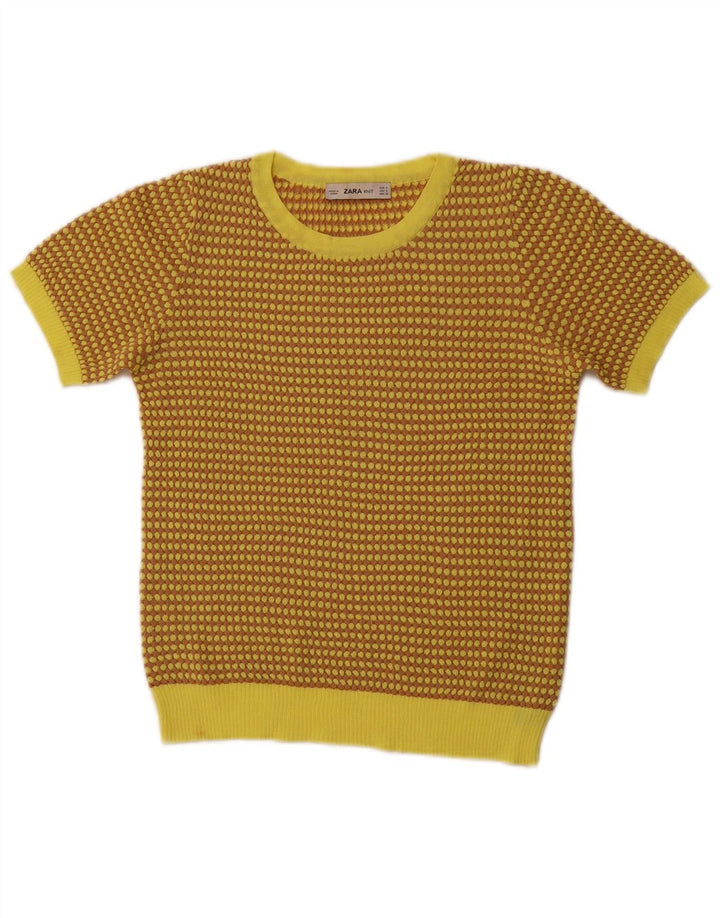 ZARA Womens Crop Crew Neck Jumper Sweater UK 8 Small Yellow Geometric