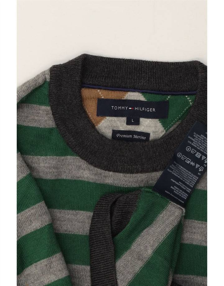 Tommy Hilfiger Herre Jumper Sweater med rund hals Stor grøn stribet uld