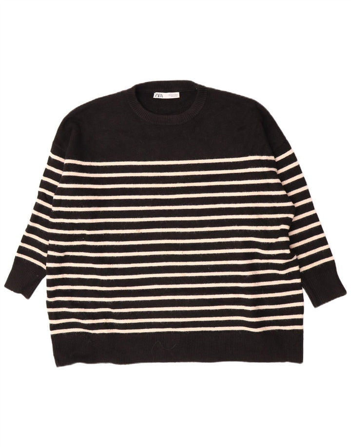 Zara Dame Oversized Crew Neck Jumper Sweater UK 14 Medium Sort Stribet