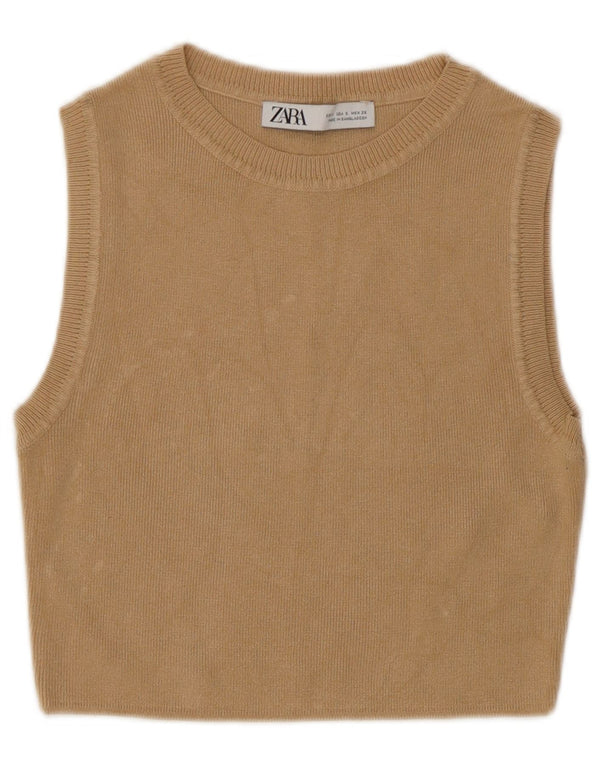 Zara Dame Crop Vest Tank Top UK 8 Small Beige Viscose