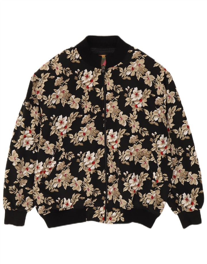 Vintage Dame Loose Fit Bomber Jacket UK 14 Medium Black Floral Polyester